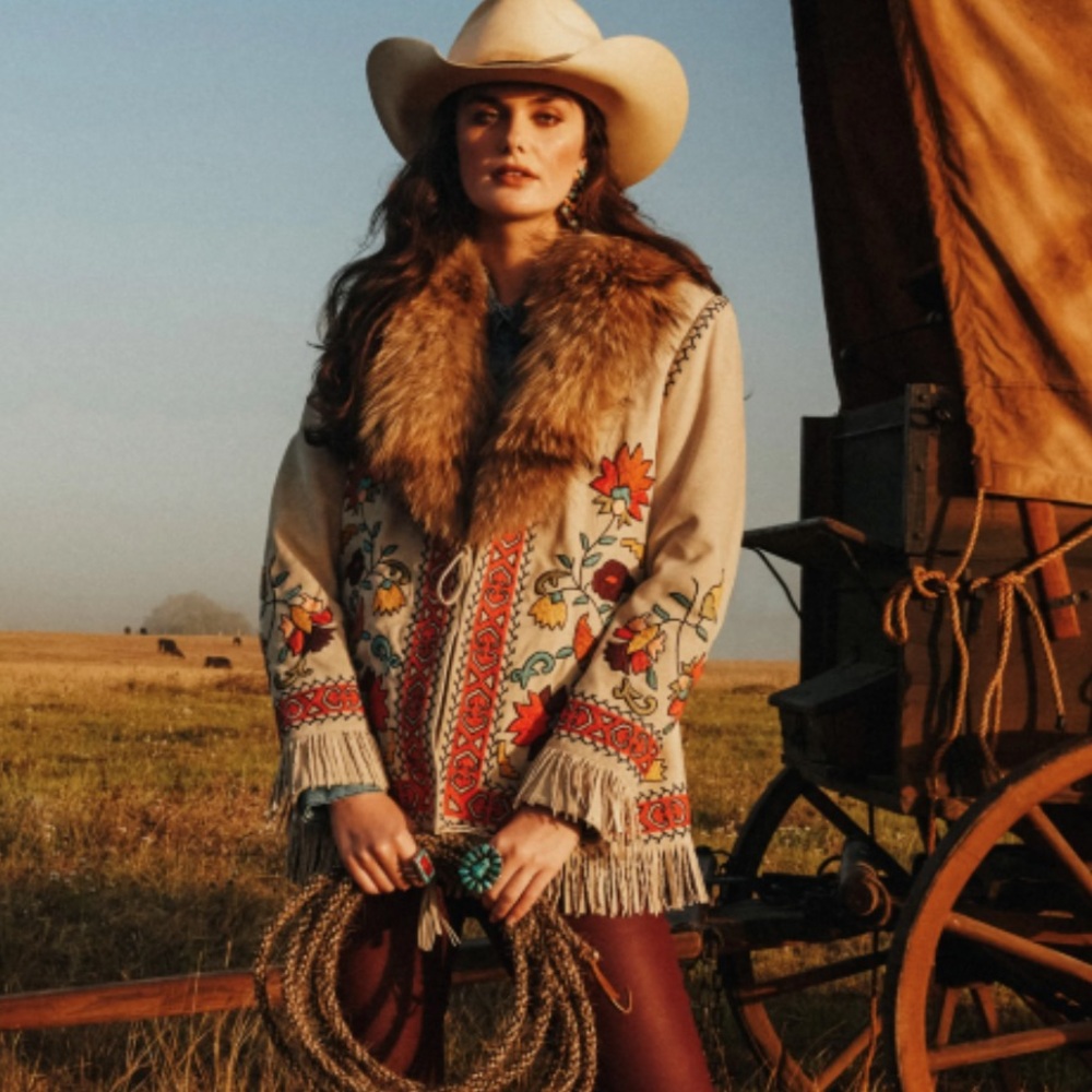 Double D Ranch wrangled and tangled embroidered leather fur jacket RTL $1395 M